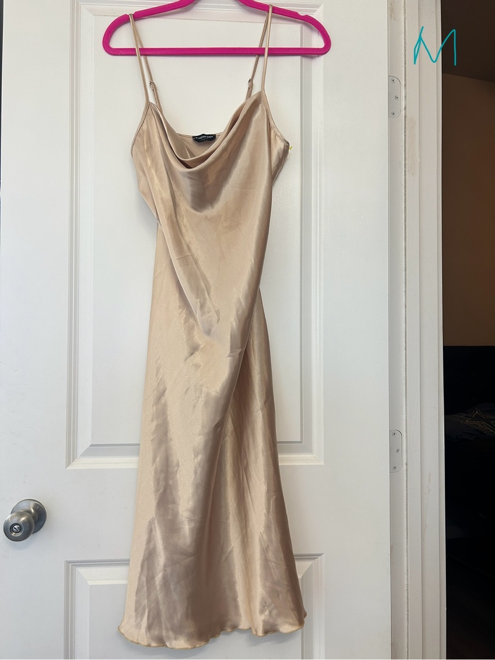 BEBE Satin Slip Dress in Champagne